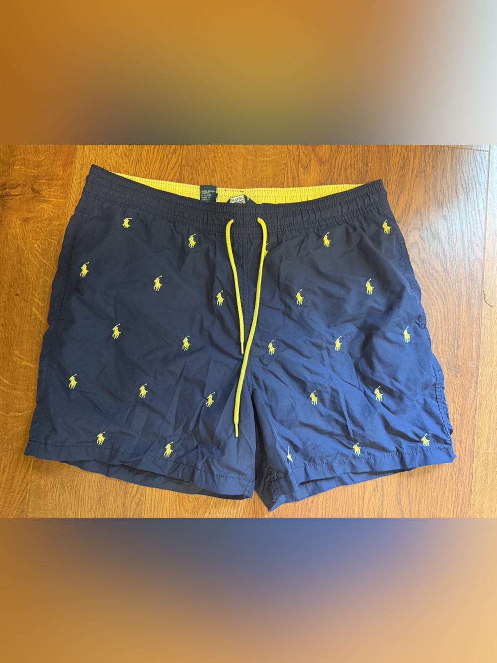 Polo by Ralph Lauren All Over Pony Embroidered Swim Trunks Navy Yellow M 0021